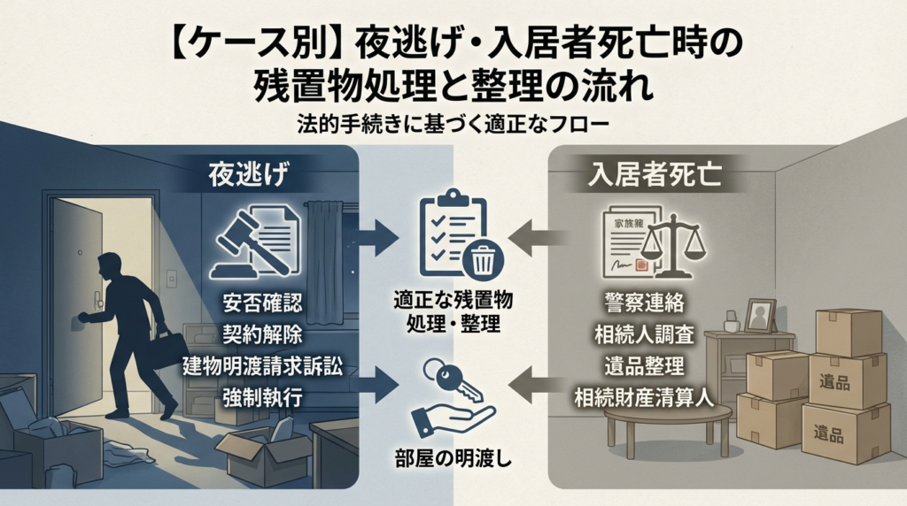 2. 【ケース別】夜逃げ・入居者死亡時の残置物処理と整理の流れ