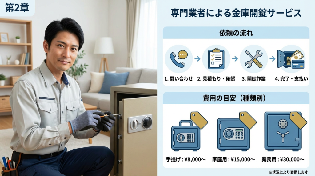 3. 鍵屋など専門業者に依頼する金庫開錠の流れと費用相場